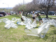Students assembling mesh sculptures