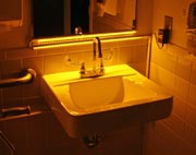 Low lighting from LEDs help locate the bathroom sink