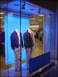 Photo: Experimental study of colored LEDs as backdrop lighting in retail windows.