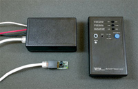 The three elements of the Dayswitch: (clockwise, from upper left) control module, remote commissioing device, and sensor module.